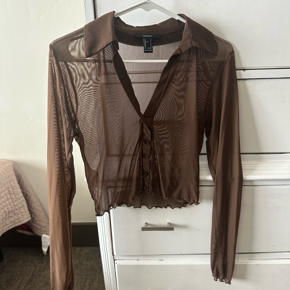 Sheer brown long sleeve collared shirt